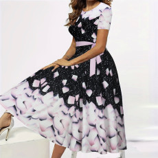 Elegant retro pink white floral print waist length A-line skirt