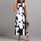 Elegant and minimalist black and white flower pattern printed sleeveless dress with elegant temperament