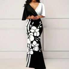 Elegant black and white printed minimalist commuting style V-neck dress