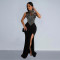 Women's solid color mesh hot diamond sleeveless long dress dress