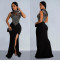 Women's solid color mesh hot diamond sleeveless long dress dress