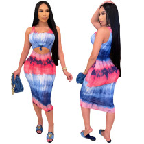 Sexy women's suspender, low cut, leaky belly, sleeveless printed and dyed long skirt