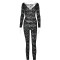 Sexy Spicy Girl Lace Spliced Long sleeved V-neck Perspective Tight Pants jumpsuit