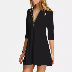Solid V-neck dress with front zipper and long sleeves for elegant women's clothing