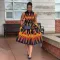 Printed waistband lapel doll neck mid length dress