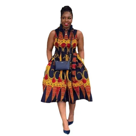 Printed waistband lapel doll neck mid length dress
