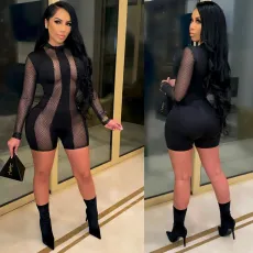 Mesh perspective patchwork long sleeved jumpsuit for women