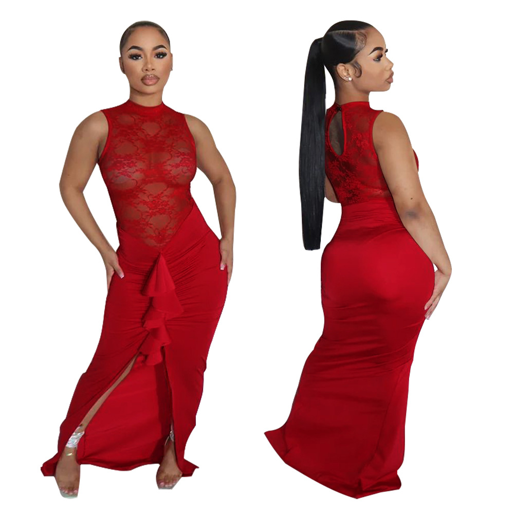Sexy perspective lace patchwork fishtail dress