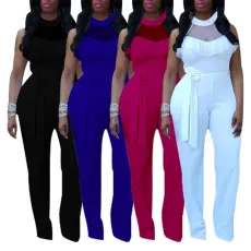 Sleeveless wooden ear edge jumpsuit straight leg casual women's pants