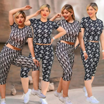 Spring/Summer New Open Navel Printed Short Sleeve Short Style Set