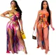 Sexy Chest Wrap Tie Up Trouser Hem Split Print Two Piece Set
