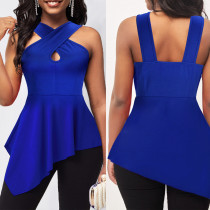 Elegant Cross Collar Solid Blue Irregular Hem Tank Top