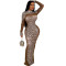 Women's solid color mesh hot diamond long sleeved dress