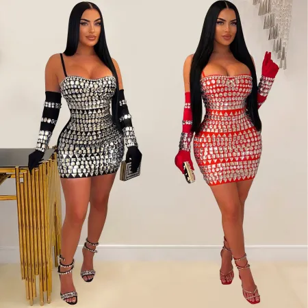 Fashion women's hot diamond sexy suspender gloves long dress dress