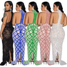 Women's solid color sequin hanging neck backless long dress dress