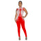Fashion women's solid color mesh hot diamond sleeveless long pants jumpsuit