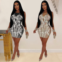 Fashion women's solid color mesh hot diamond short skirt dress