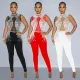 Fashion women's solid color mesh hot diamond sleeveless long pants jumpsuit