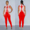 Fashion women's solid color mesh hot diamond sleeveless long pants jumpsuit