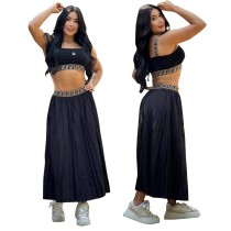 Fashionable slimming trend printed wide suspender sexy women's skirt set