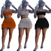 Knitted hand hook hollow tassel strapless sexy short skirt two-piece set