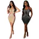 Hot diamond velvet patchwork mesh perspective bag buttocks sleeveless suspender dress for women