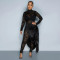 Round necked long sleeved slim fit jumpsuit, paired with a lace up half length cape skirt, two-piece set for women