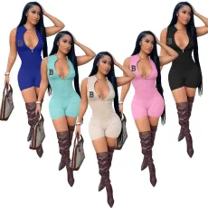 Pit striped fabric zipper sleeveless straight tube jumpsuit shorts