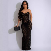 Fashionable V-neck sexy perspective lace slim fit suspender dress ball party