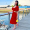 Solid color U-neck lantern short sleeved open waist irregular dress long skirt