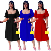 Solid color U-neck lantern short sleeved open waist irregular dress long skirt