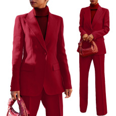 Solid color suit jacket+straight leg pants two-piece set