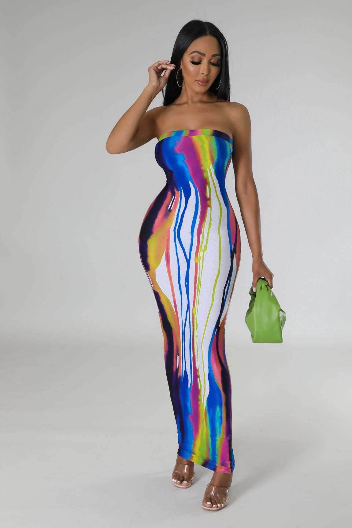Digital positioning printed chest wrapped dress, nightclub long dress