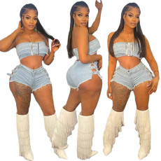New Fashion and Sexy Chest Wrapping Hot Diamond Elastic Shorts Set