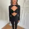 Hollow pleated long sleeved jumpsuit for women's slim fit leggings jumpsuit in spring and summer
