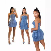 Spring and summer sexy strapless washed button elastic denim dress