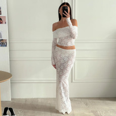 New set of lace hollow backless long sleeved two-piece set, fashionable and sexy slim fit long skirt set, summer