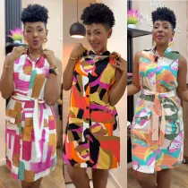 Printed sleeveless strapless small V-neck vest style dress