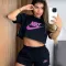 Sexy navel exposed white ink hot stamping short sleeved shorts set