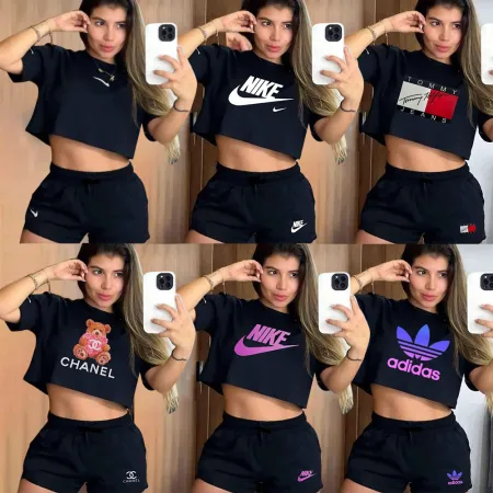 Sexy navel exposed white ink hot stamping short sleeved shorts set