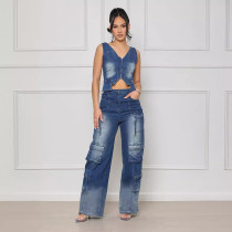European and American fashion and leisure new multi bag wide leg retro vest set
