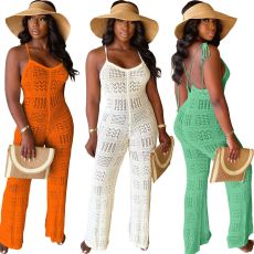 Solid colored woolen knitted sexy suspender geometric hollow jumpsuit
