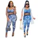 Blue and white porcelain printed sleeveless yoga suit sports set