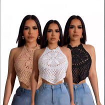 Hooked woven hollow vacation beach top with hanging neck