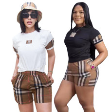 New Style Checkered Embroidered Fashion Women's Short Sleeve Set