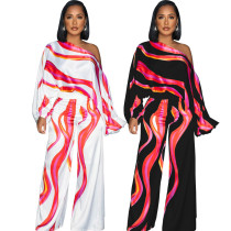 Sexy and fashionable single shoulder diagonal collar long sleeved women's wide tube jumpsuit