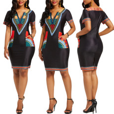 Sexy and fashionable digital printed long and short sleeved small V-neck women's dress