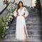 Elegant V-neck backless long sleeved slit slim fitting women's solid color dress