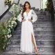 Elegant V-neck backless long sleeved slit slim fitting women's solid color dress