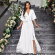 Elegant white V-neck split middle sleeve tie up cross-border spring/summer women's dress